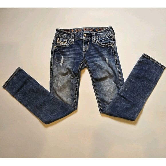 Rock Revival Klandi Straight Jeans 25 Embroidered Rhinestone Distressed Denim St - Picture 2 of 11